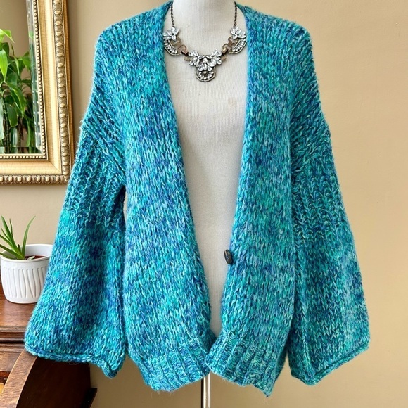 Free People Home Town Cardi Cardigan Sweater Arctic Turquoise Blue Alpaca Size S - Picture 2 of 14